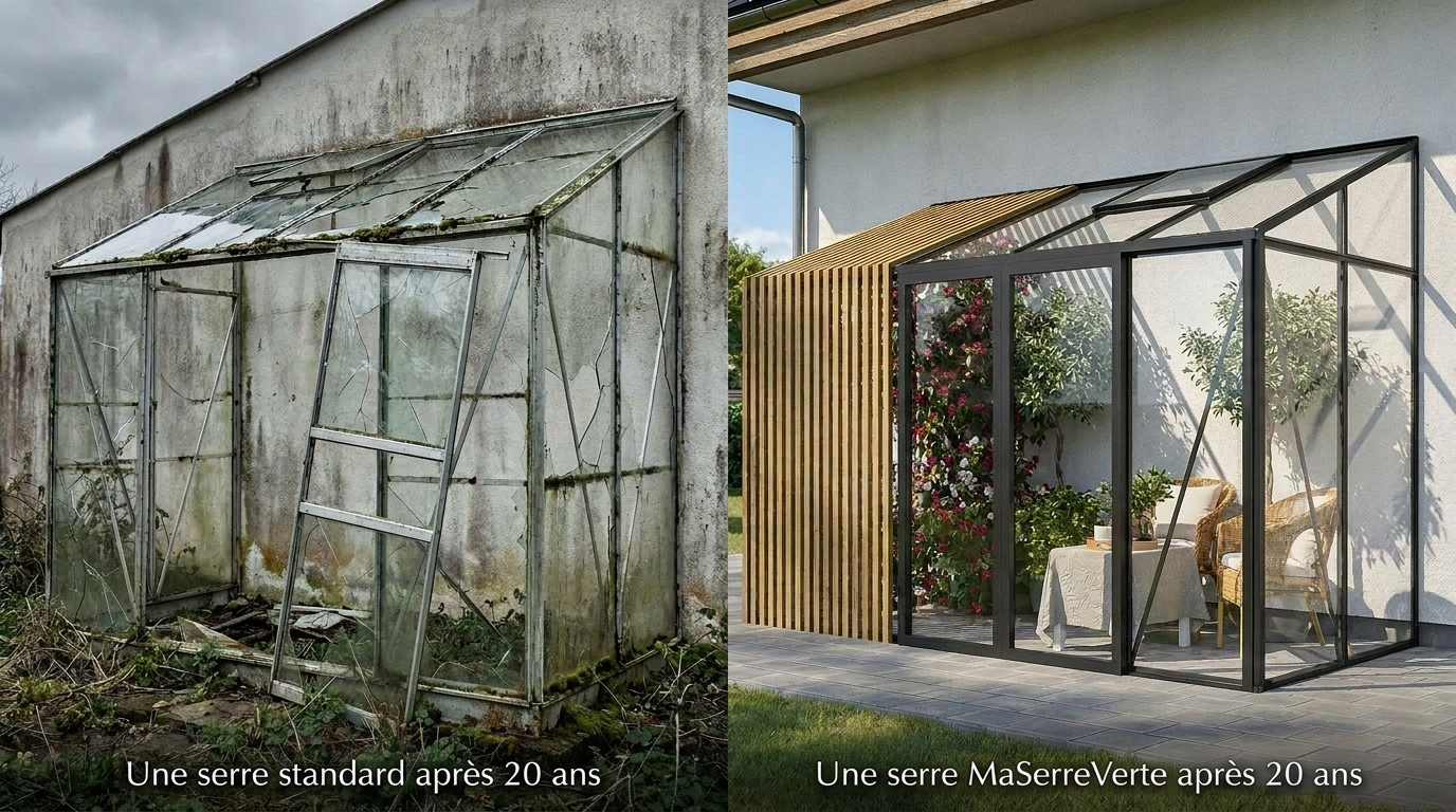 Serre en verre trempé MaSerreVerte dans un jardin