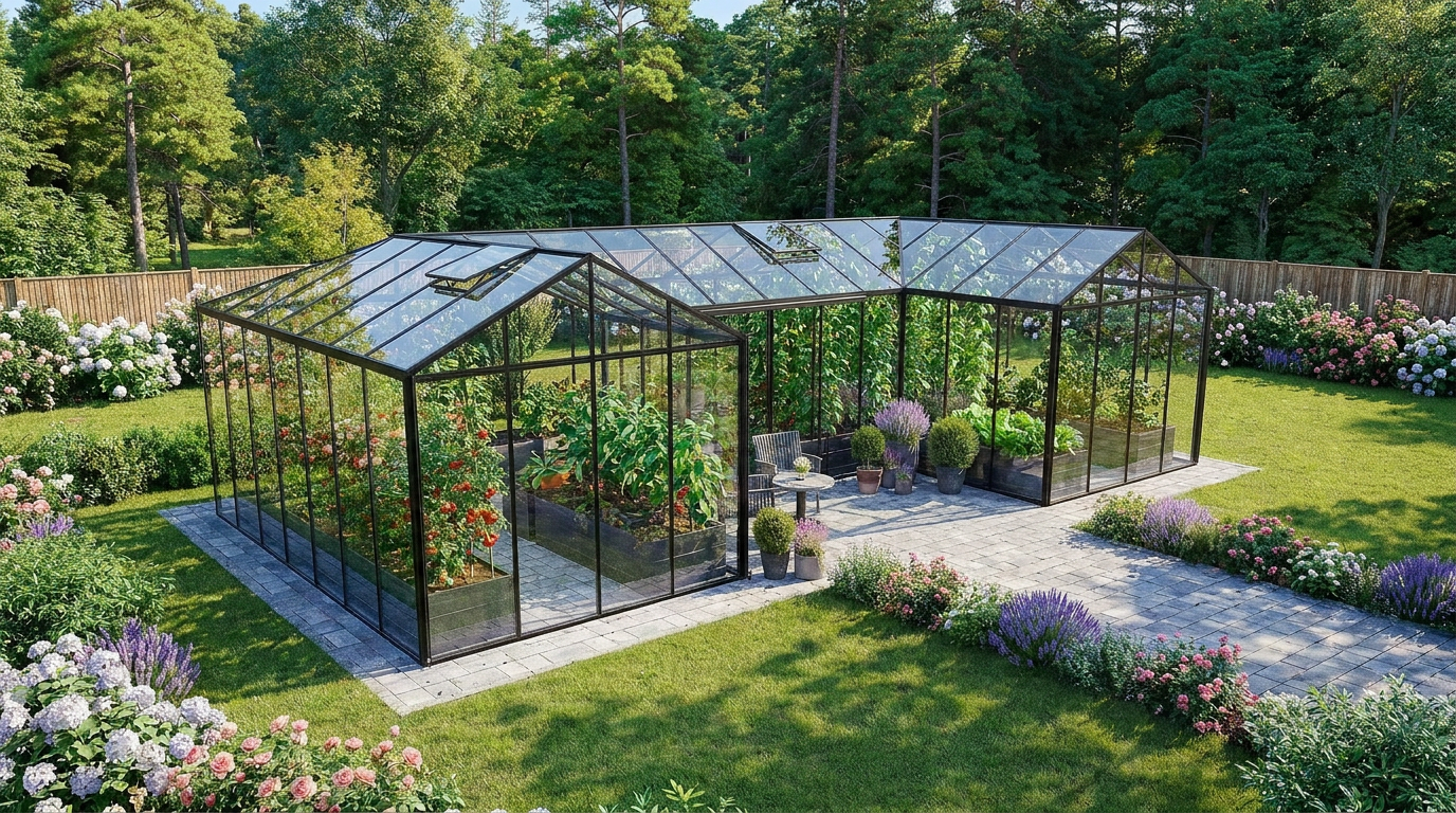 Serre en verre trempé MaSerreVerte dans un jardin
