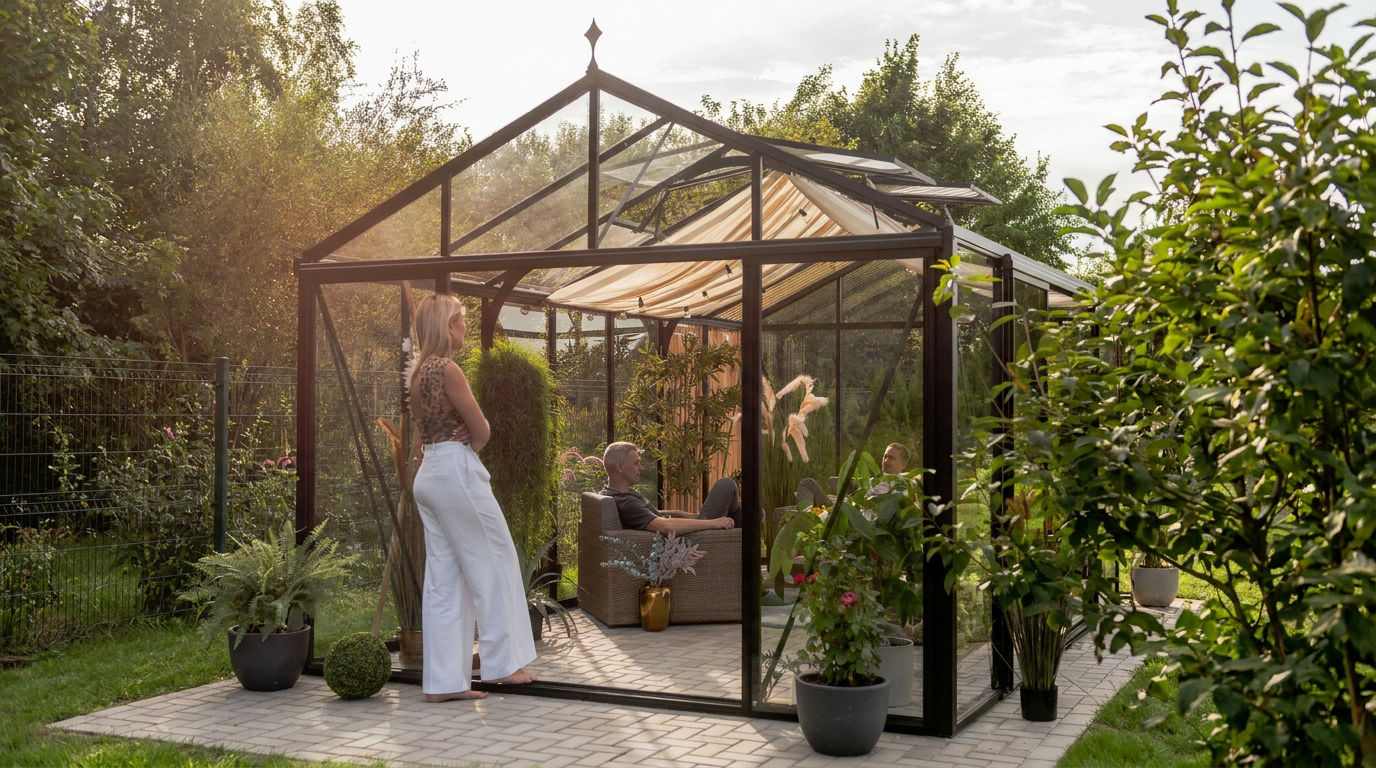 Serre en verre trempé MaSerreVerte dans un jardin