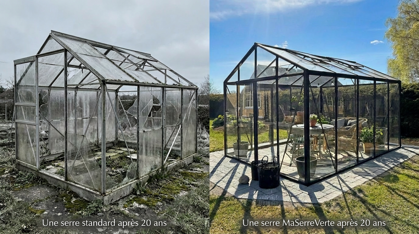 Serre en verre trempé MaSerreVerte dans un jardin