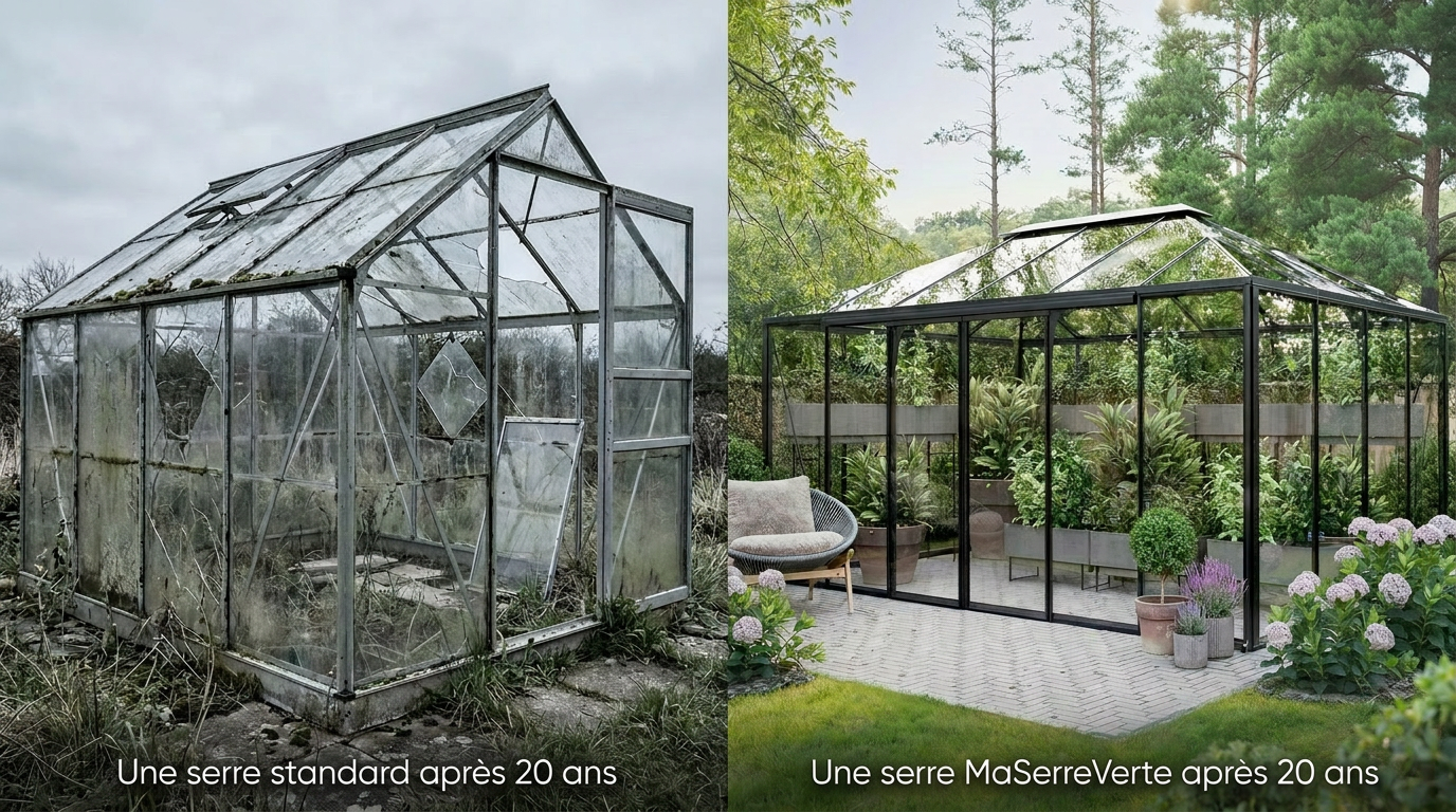 Serre en verre trempé MaSerreVerte dans un jardin