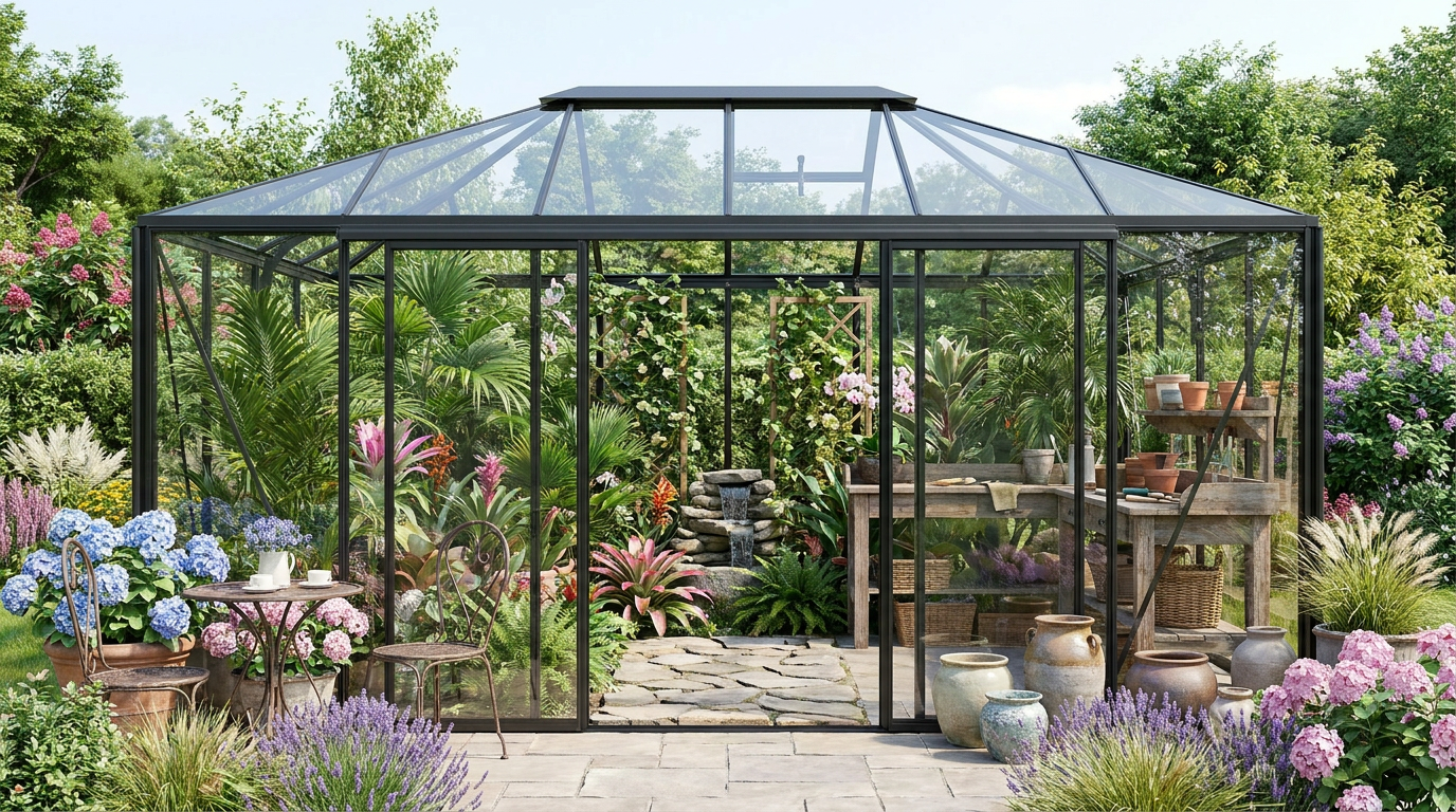 Serre en verre trempé MaSerreVerte dans un jardin