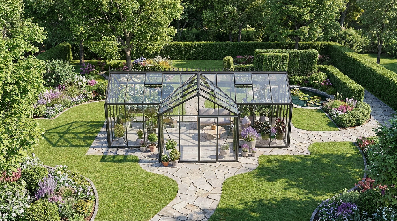 Serre en verre trempé MaSerreVerte dans un jardin